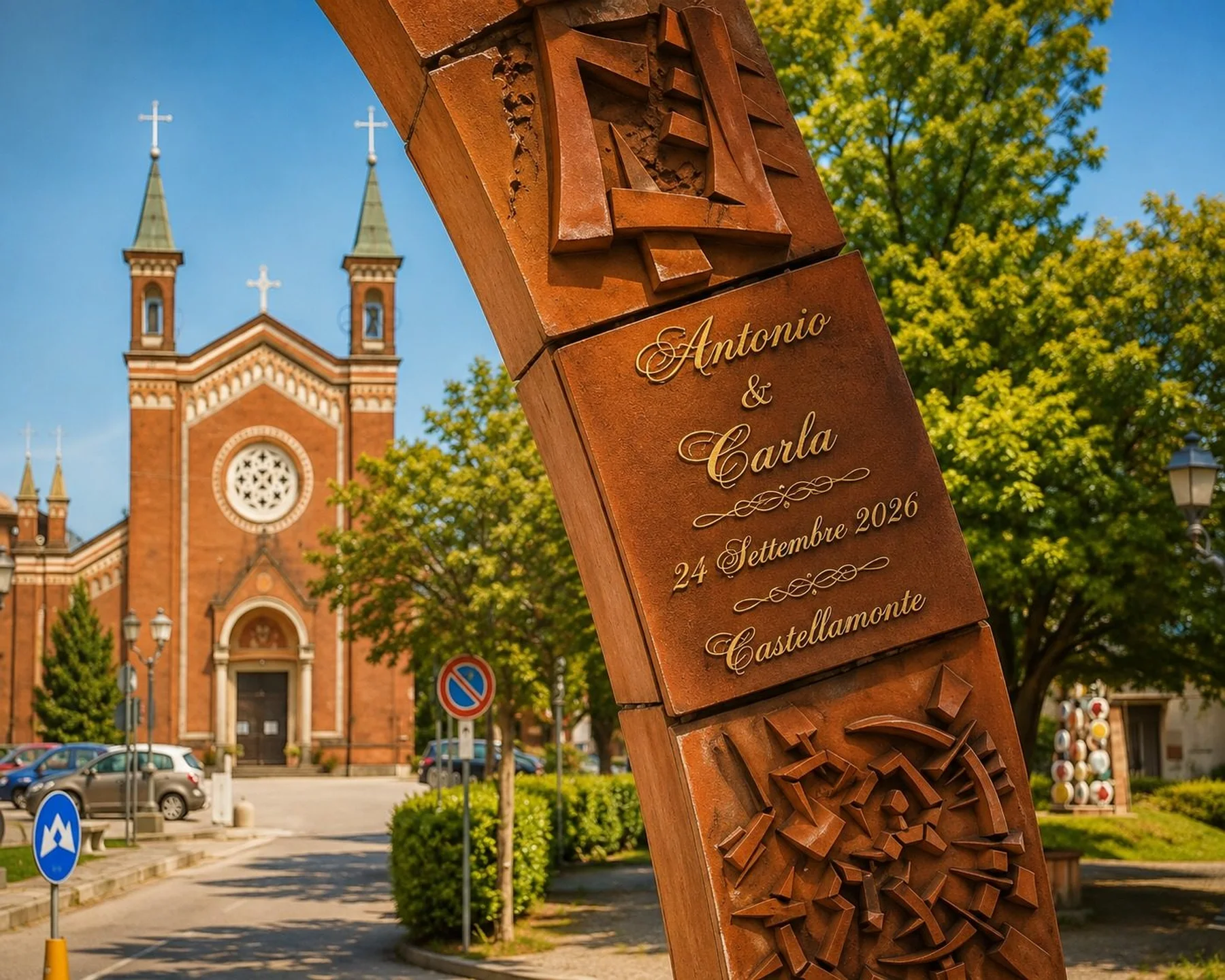 La chiesa e l'arco in ceramica di Castellamonte con i nomi degli sposi