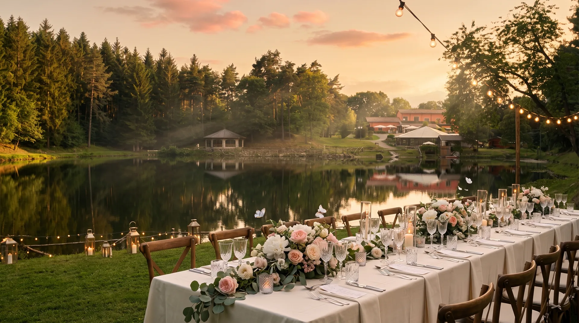Il ristorante L'Incontro sul lago di Meugliano al tramonto, con la tavola allestita per la cena